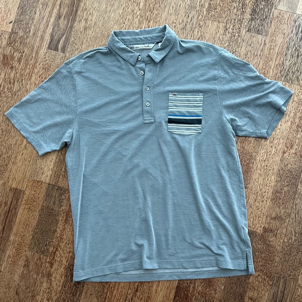 Travis Mathew Polo Golf Shirt Short Sleeve Mens Large Pocket Gray Striped White